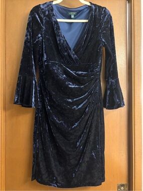 Lauren Ralph Lauren Midnight Blue Velvet Wrap-Style Midi Dress